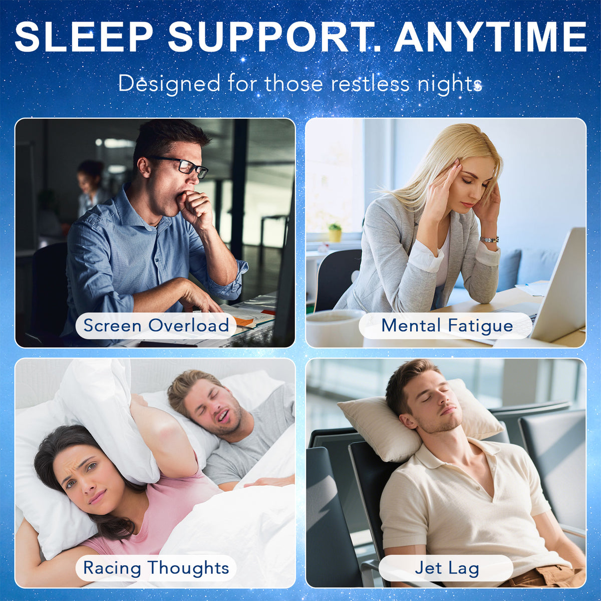 Dream Patches lifestyle graphic showing sleep support scenarios