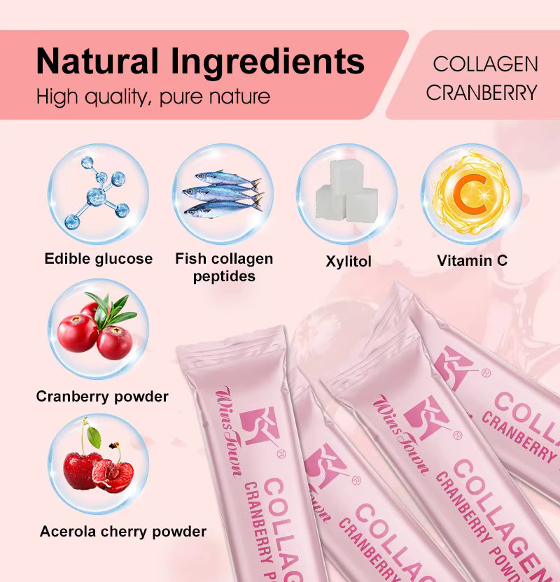 WinsTown Collagen Cranberry Powder – Fish Collagen Peptides with Vitamin C | 20 Sachets