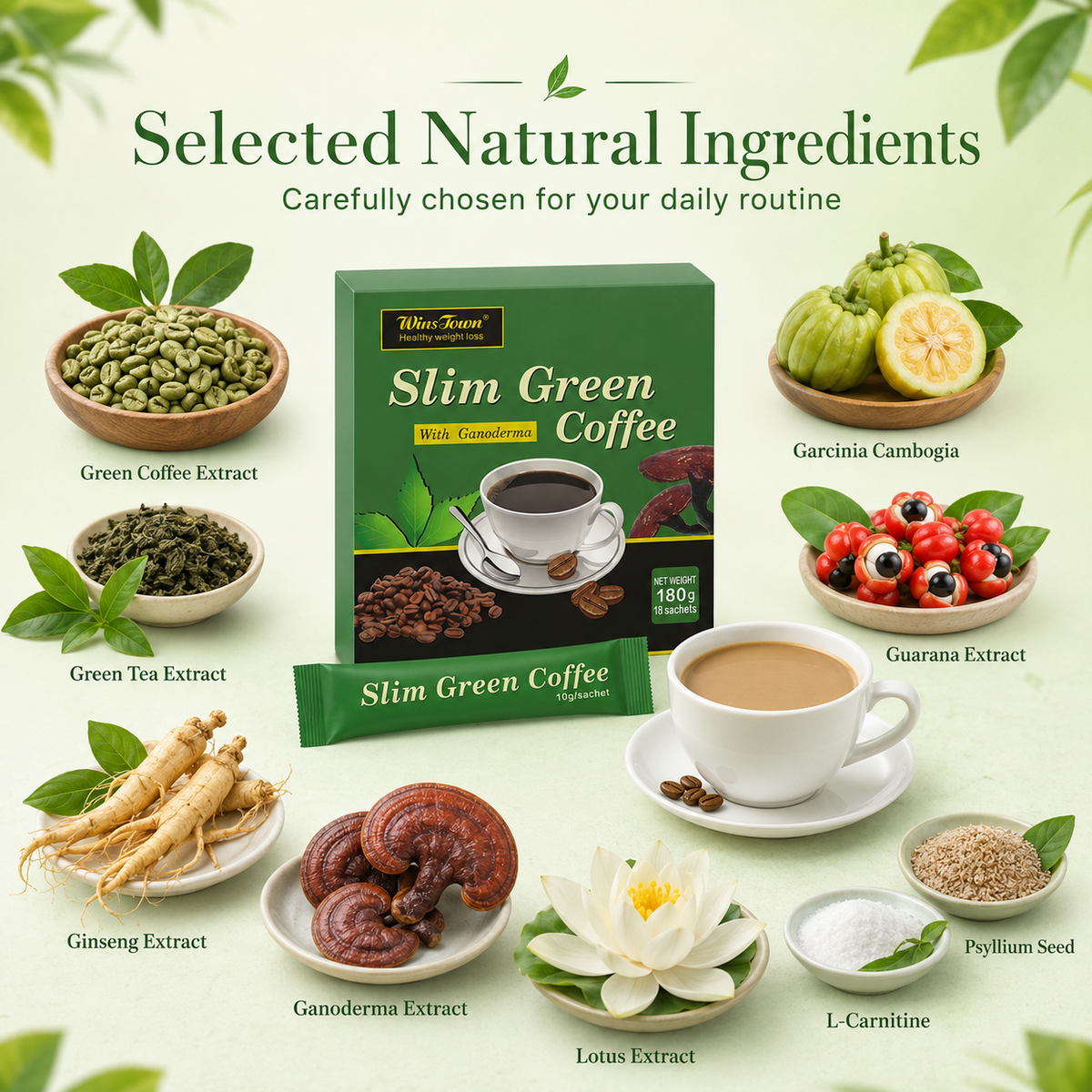 WinsTown Slim Green Coffee with Ganoderma – 18 Sachets | 180g