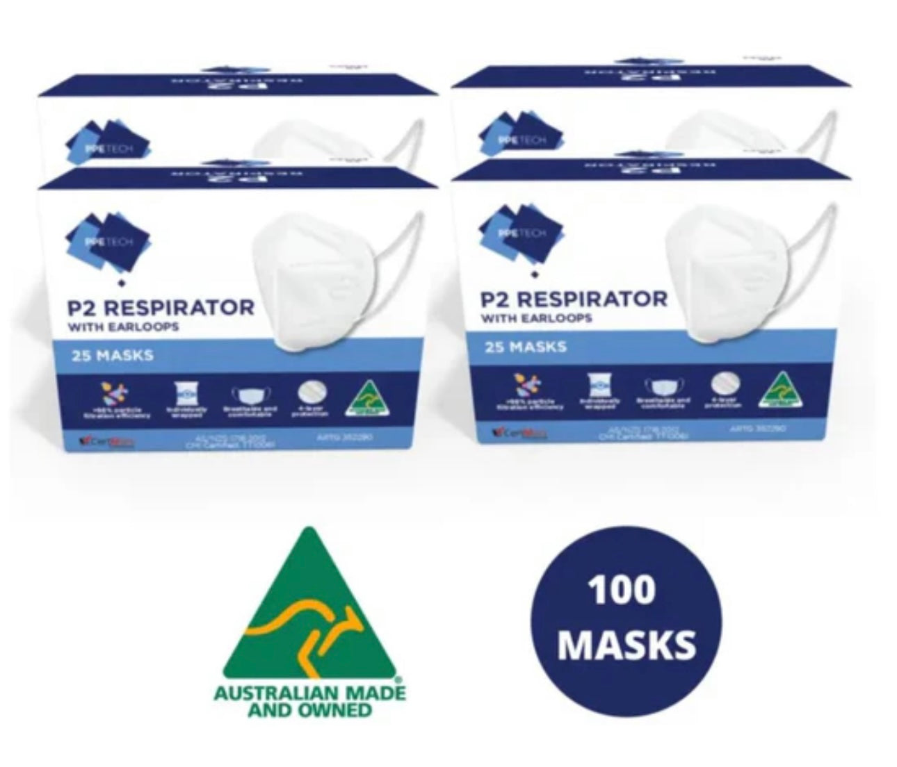 P2 Face Masks | Australian Made | PPETECH Level 2 | Ear-loop - White | 4 x Ply (4Boxes/100masks)
