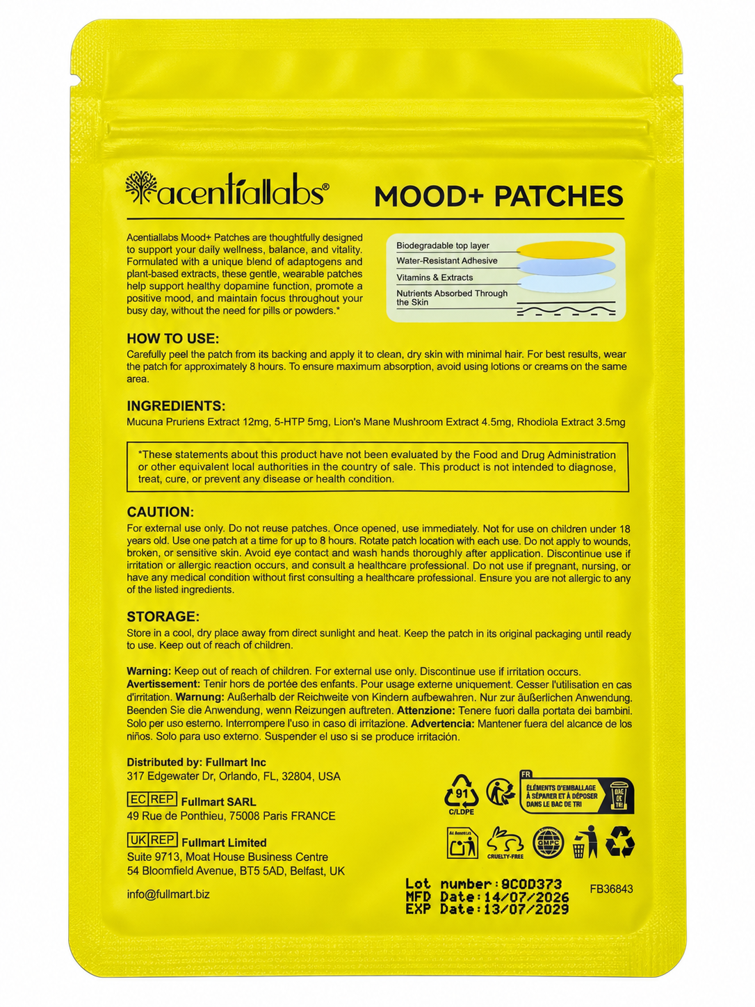 Back of Acentiallabs Mood+ Patches pouch, cleaned and straightened on a white background