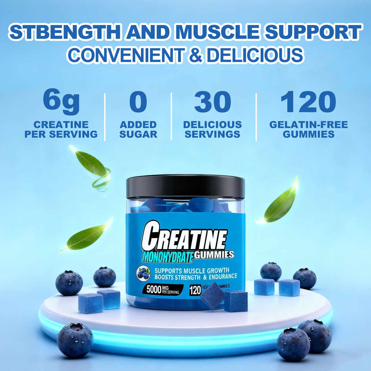 Supplier graphic showing a blueberry creatine gummies jar, blue gummies and blueberries on a display platform