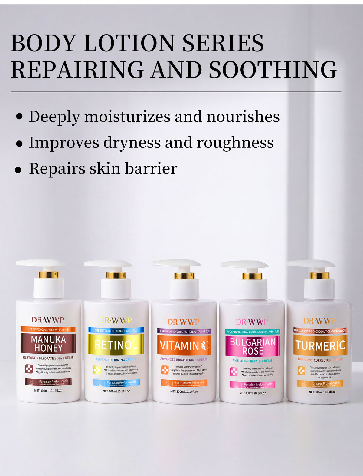 DR.WWP body cream range showing the 300 mL Retinol Advanced Firming Cream second from left