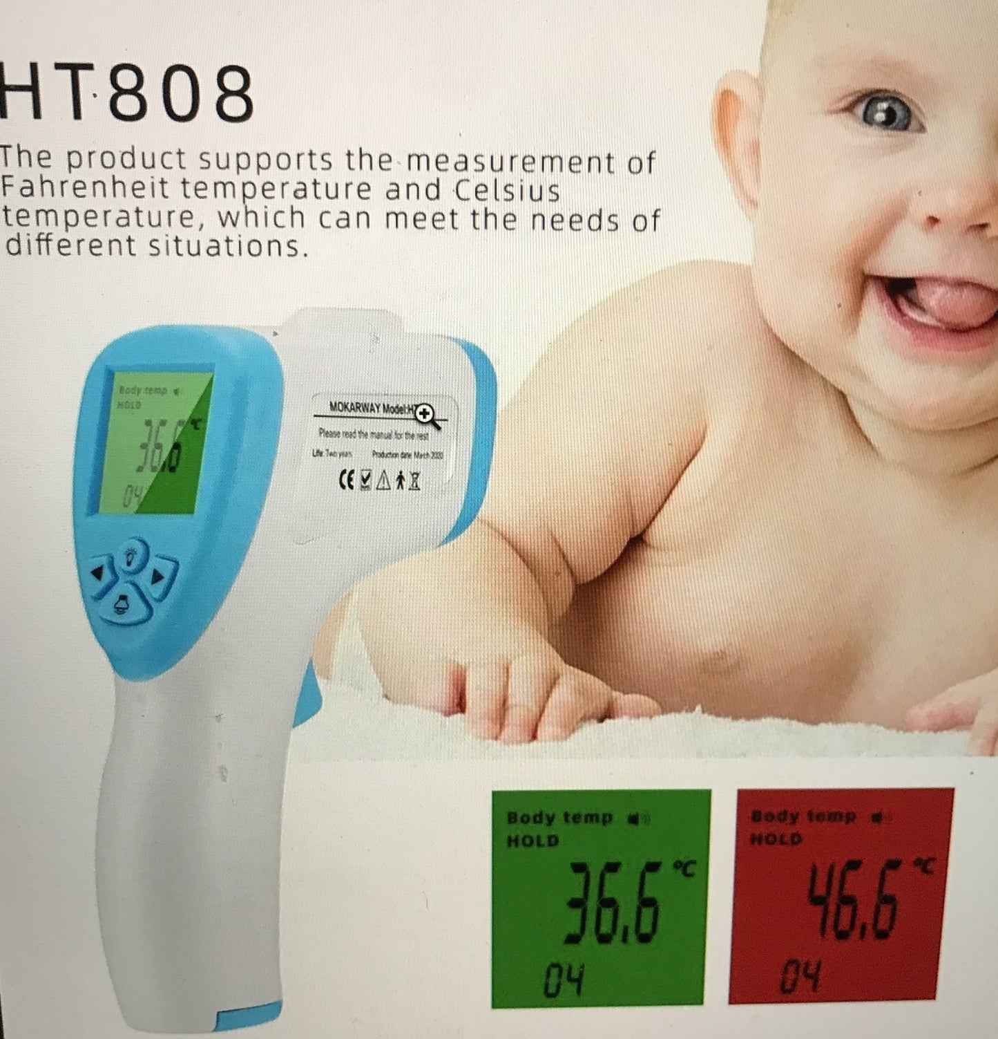 Mokarway - Non - Contact infrared forehead Thermometre - 5 year warranty. In Stock