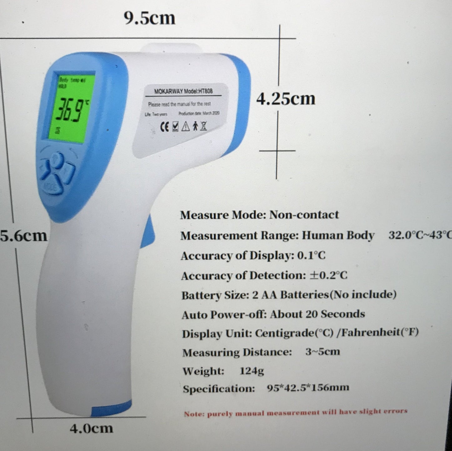 Mokarway - Non - Contact infrared forehead Thermometre - 5 year warranty. In Stock