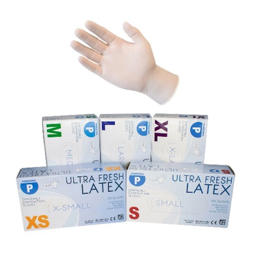 Ultra Fresh Disposable Latex Powder Free Examination Gloves - Box of 100 - In Stock Powder free (S,M,L,XL) TGA Approved