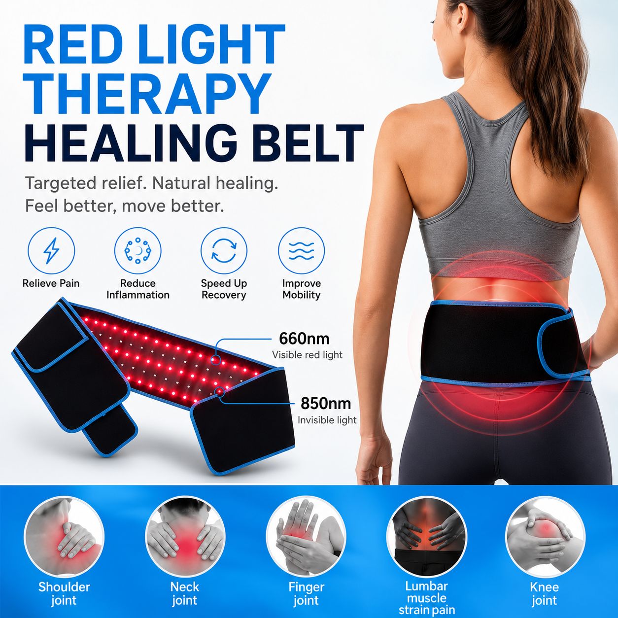 Red light therapy belt with woman wearing it, showing benefits on a white background.