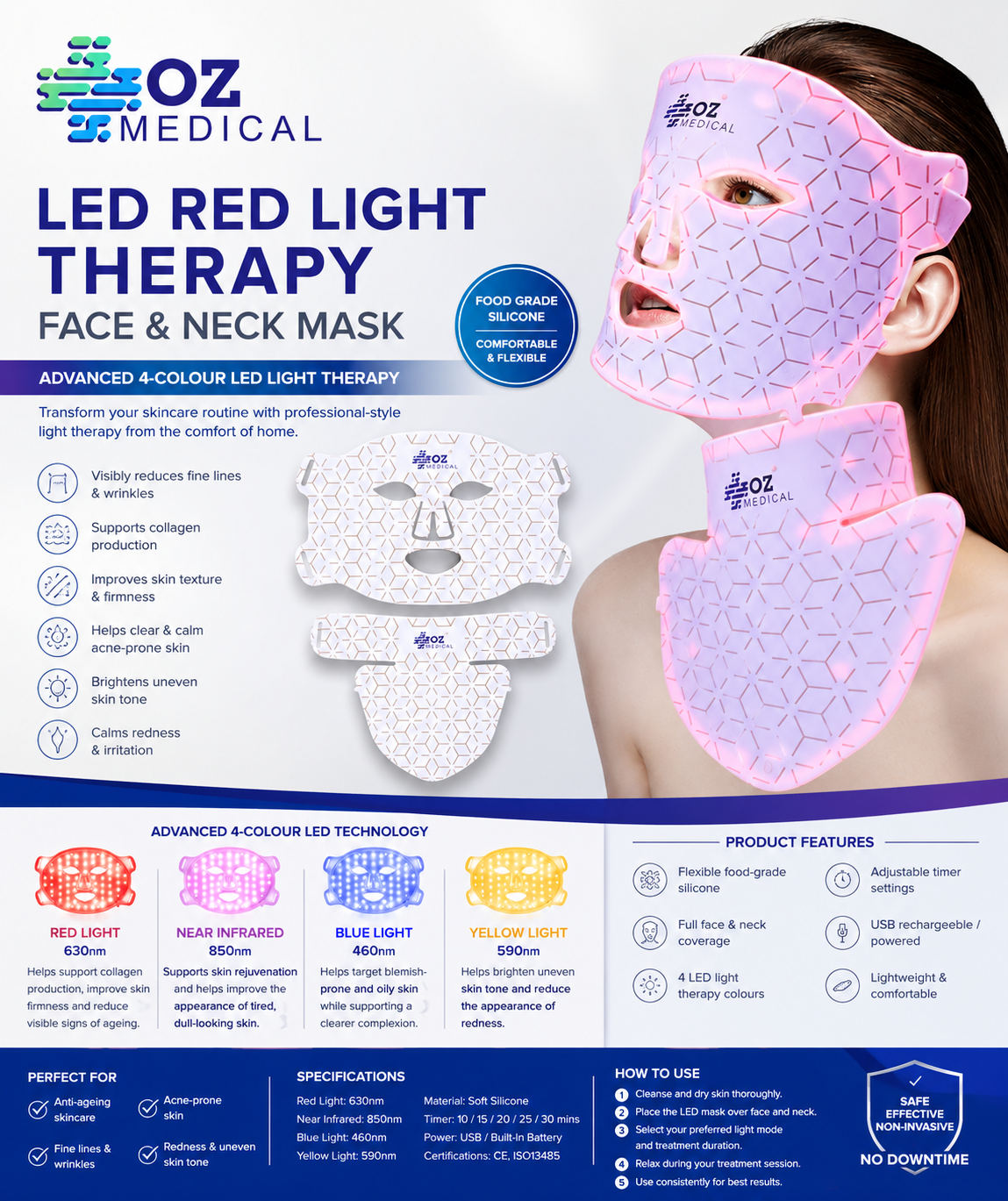 LED Red Light Therapy Face & Neck Mask Australia | Near Infrared Silicone LED Facial Mask for Wrinkles, Acne & Skin Rejuvenation