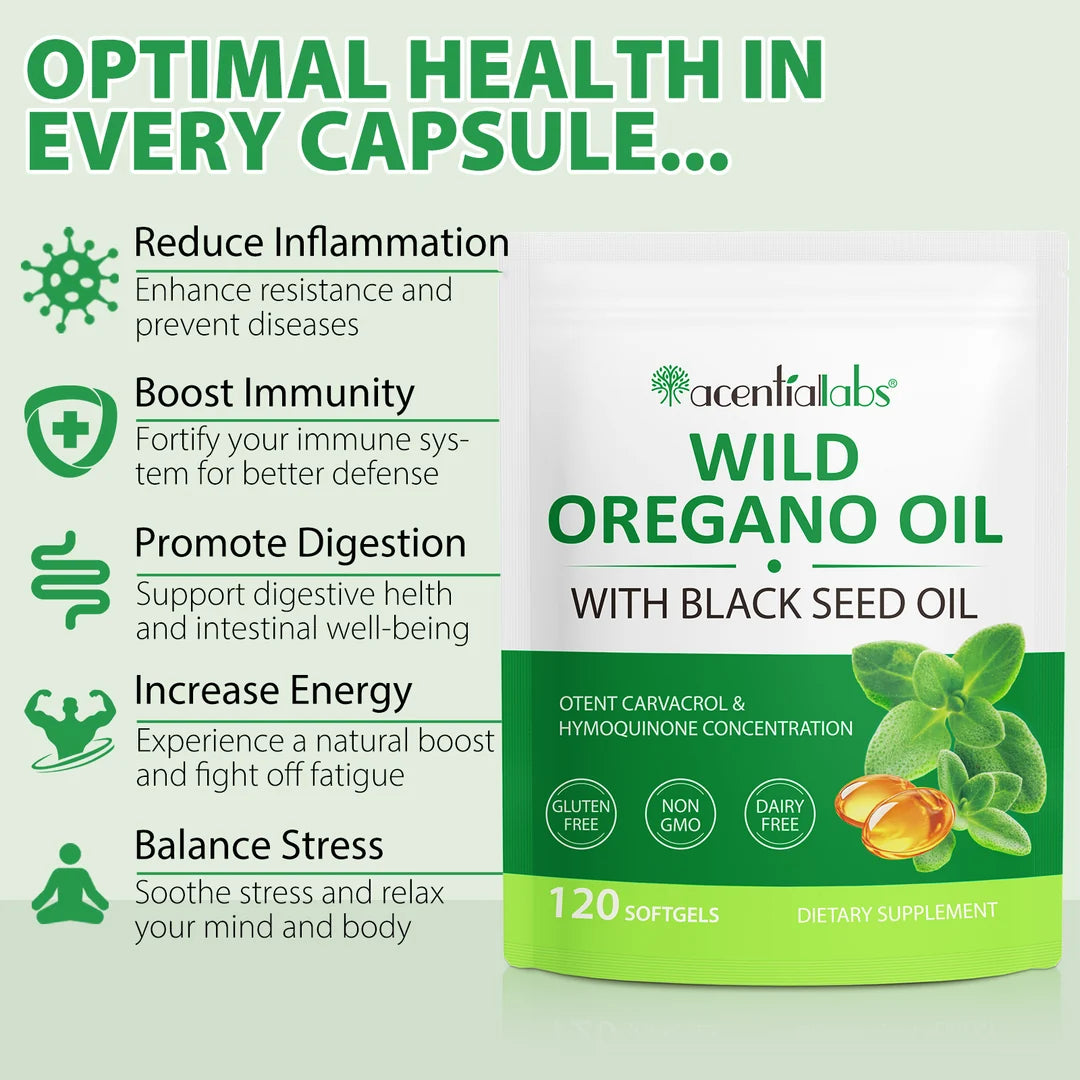 Acentiallabs Wild Oregano Oil with Black Seed Oil – 6000mg – 120 Softgels