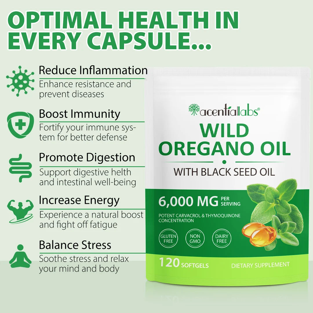 Acentiallabs Wild Oregano Oil with Black Seed Oil – 6000mg – 120 Softgels