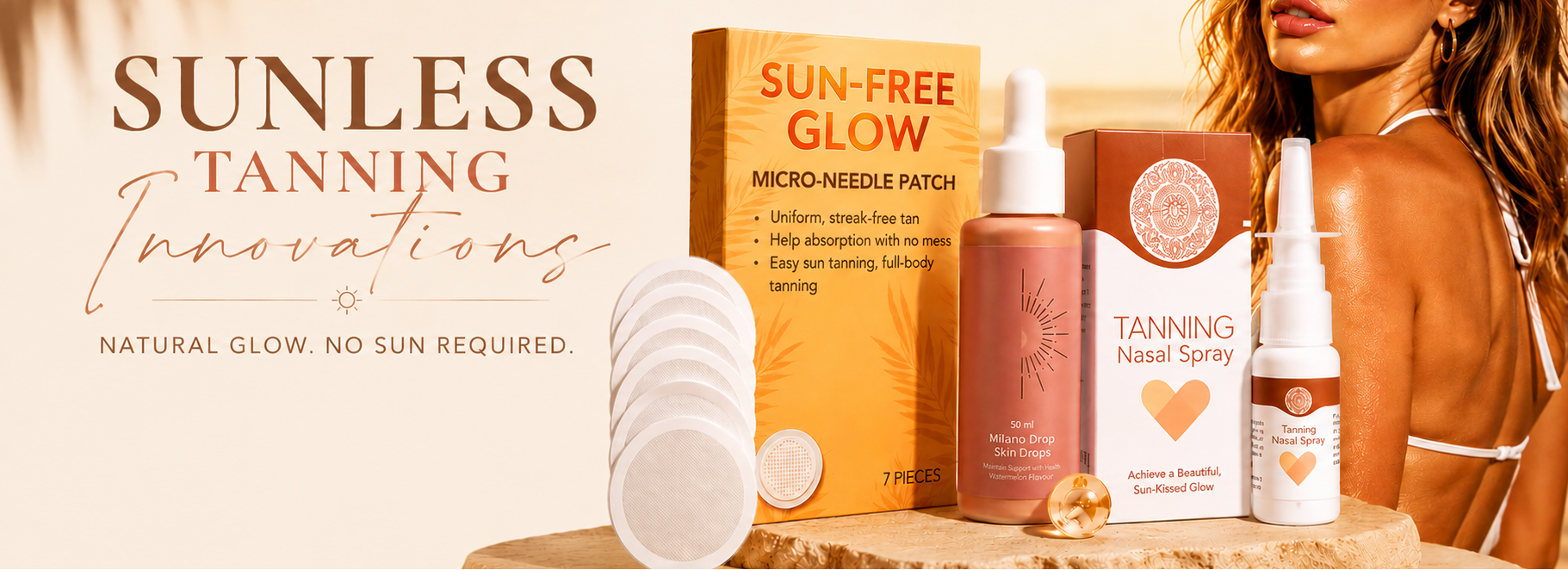 Sunless tanning products on a wooden surface with a model in the background.
