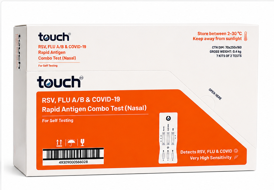 Touch rapid antigen combo test packaging with product details on a white background