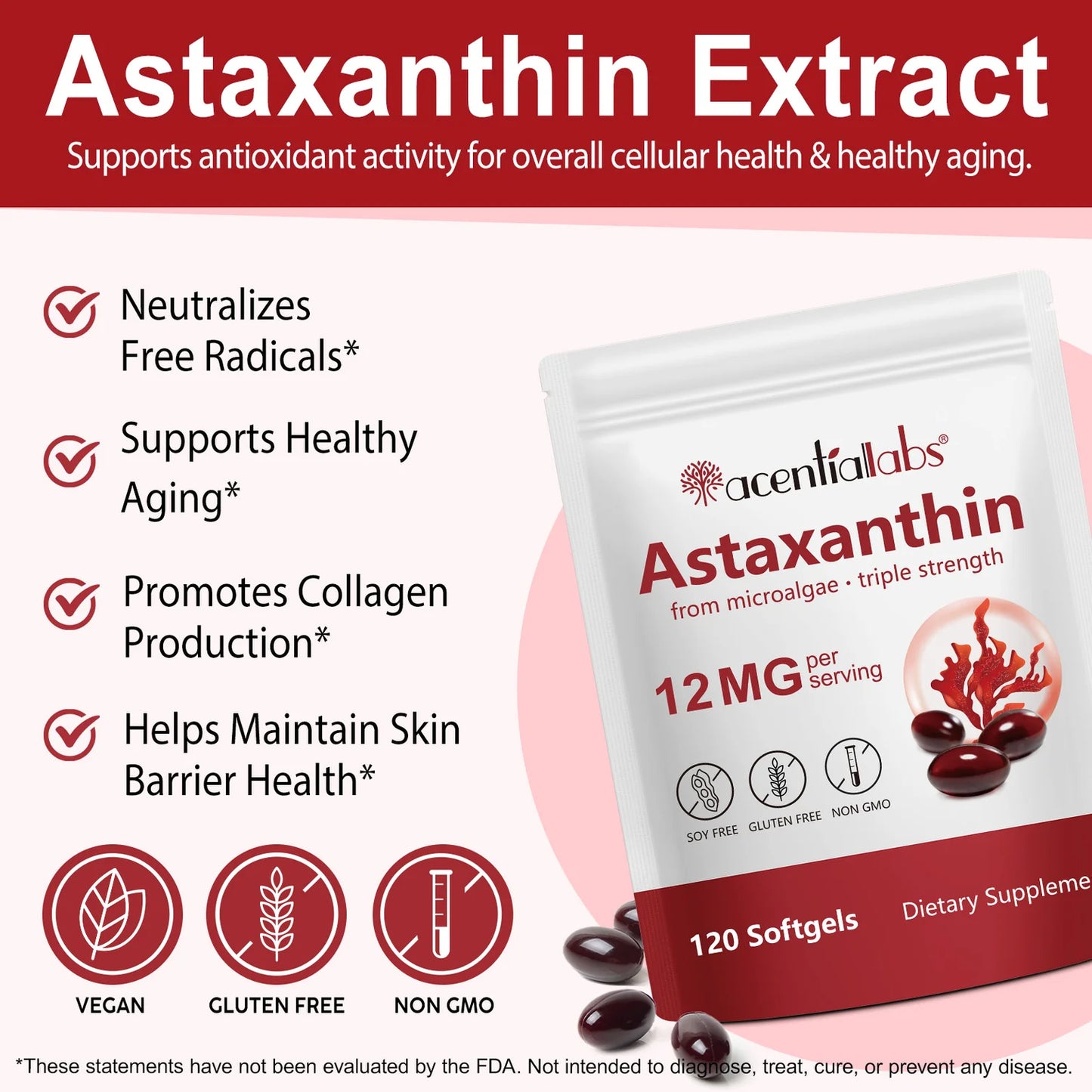 Acentiallabs Astaxanthin 12mg Triple Strength – 120 Softgels
