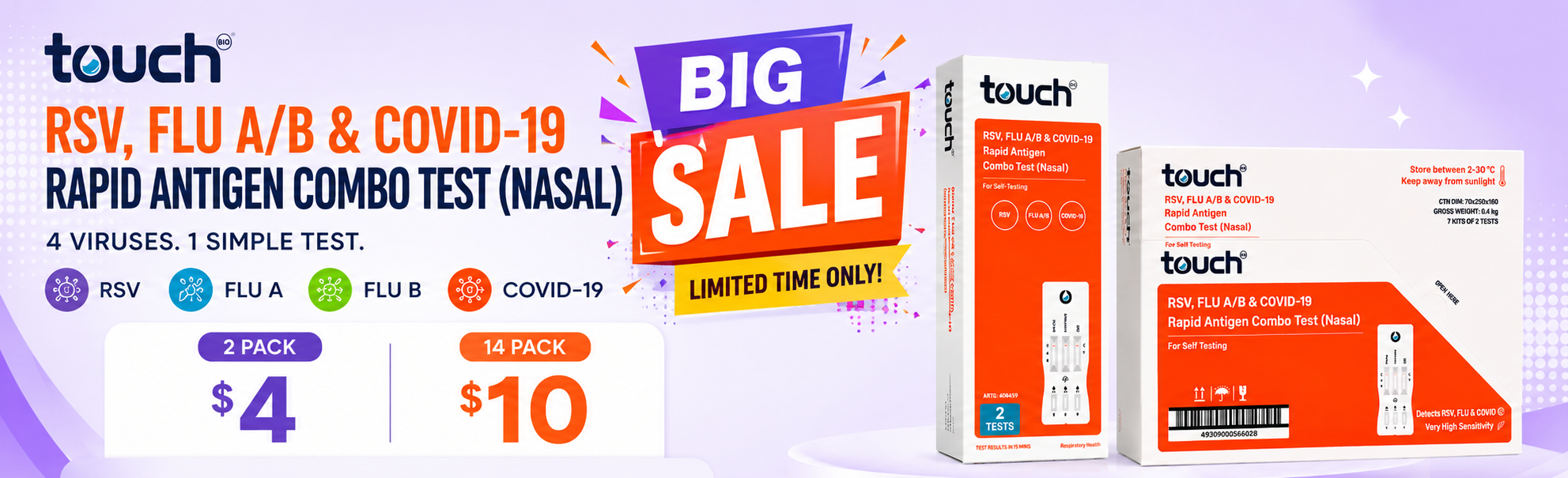Advertisement for TouchBio RSV, Flu A/B & COVID-19 rapid antigen combo test with packaging and pricing details.