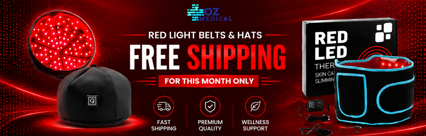 Advertisement for red light belts and hats with free shipping offer on a dark background.
