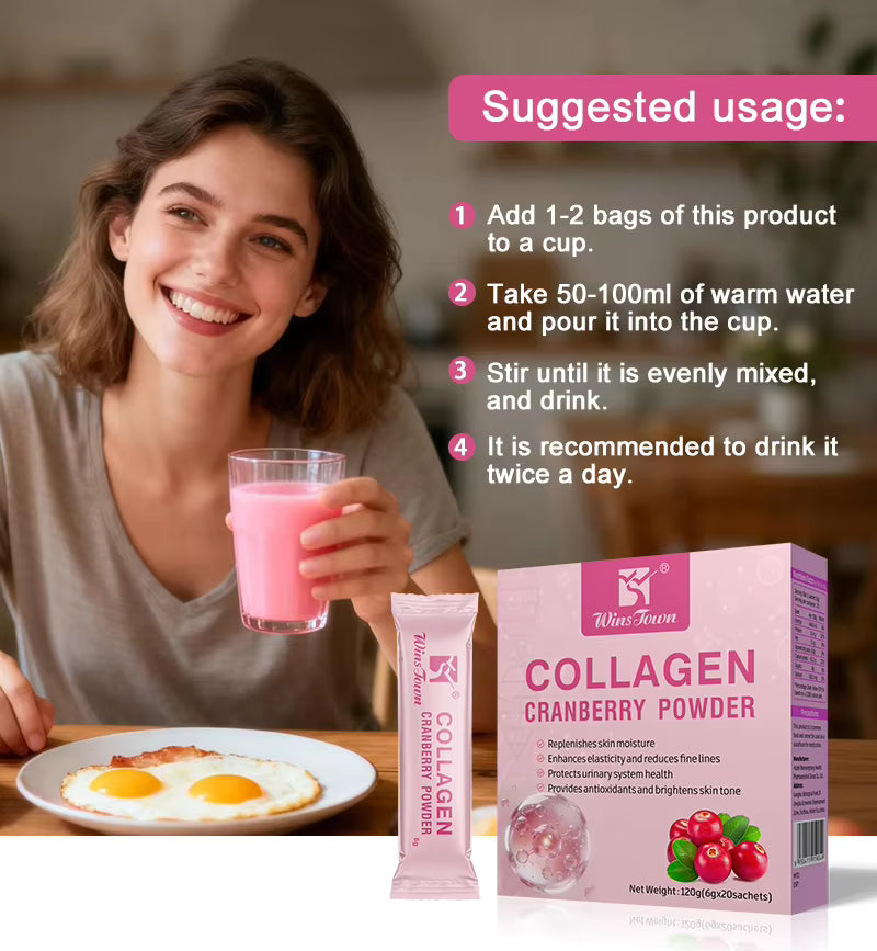 WinsTown Collagen Cranberry Powder – Fish Collagen Peptides with Vitamin C | 20 Sachets