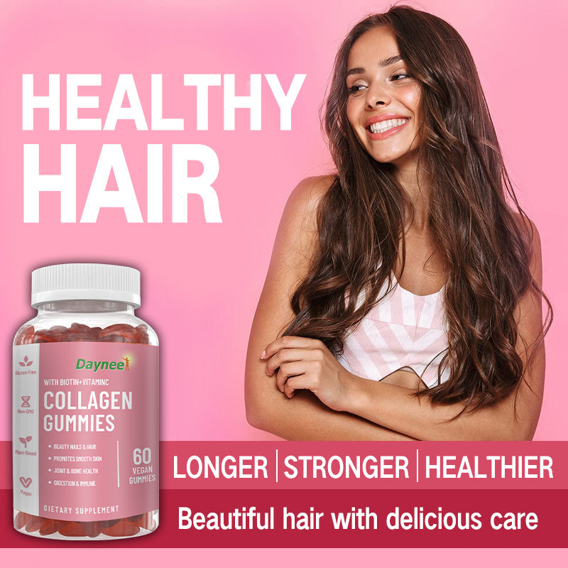 Daynee Collagen Gummies with Biotin + Vitamin C – 60 Vegan Strawberry Gummies for Skin, Hair & Nails