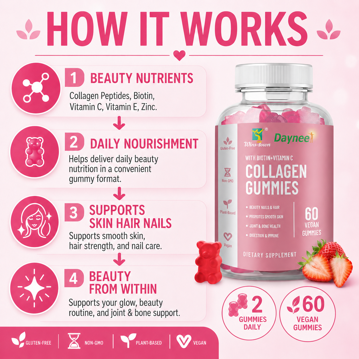 Daynee Collagen Gummies with Biotin + Vitamin C – 60 Vegan Strawberry Gummies for Skin, Hair & Nails