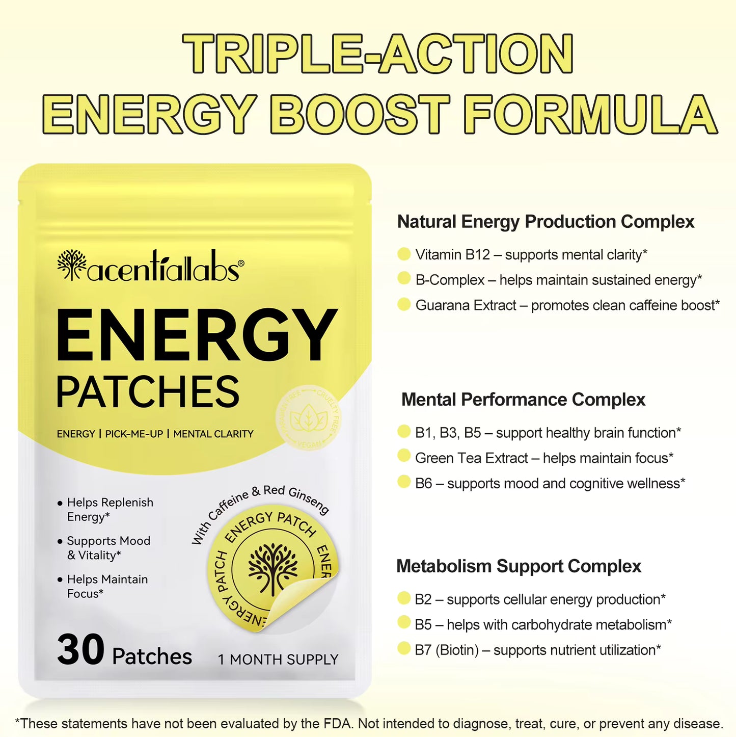 Energy & Focus Support Patches with Caffeine, B Vitamins and Herbal Extracts – 30 Pack