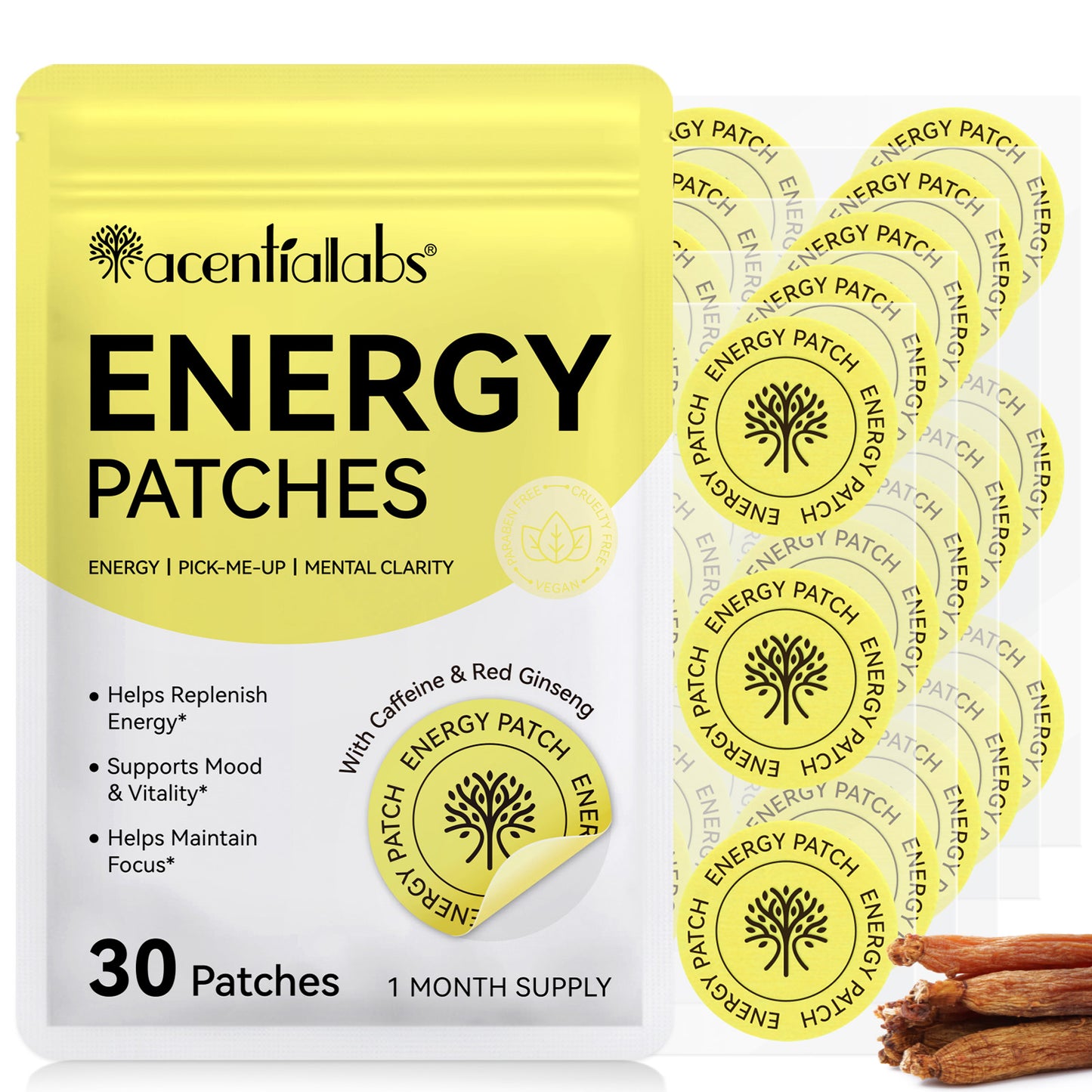 Energy & Focus Support Patches with Caffeine, B Vitamins and Herbal Extracts – 30 Pack
