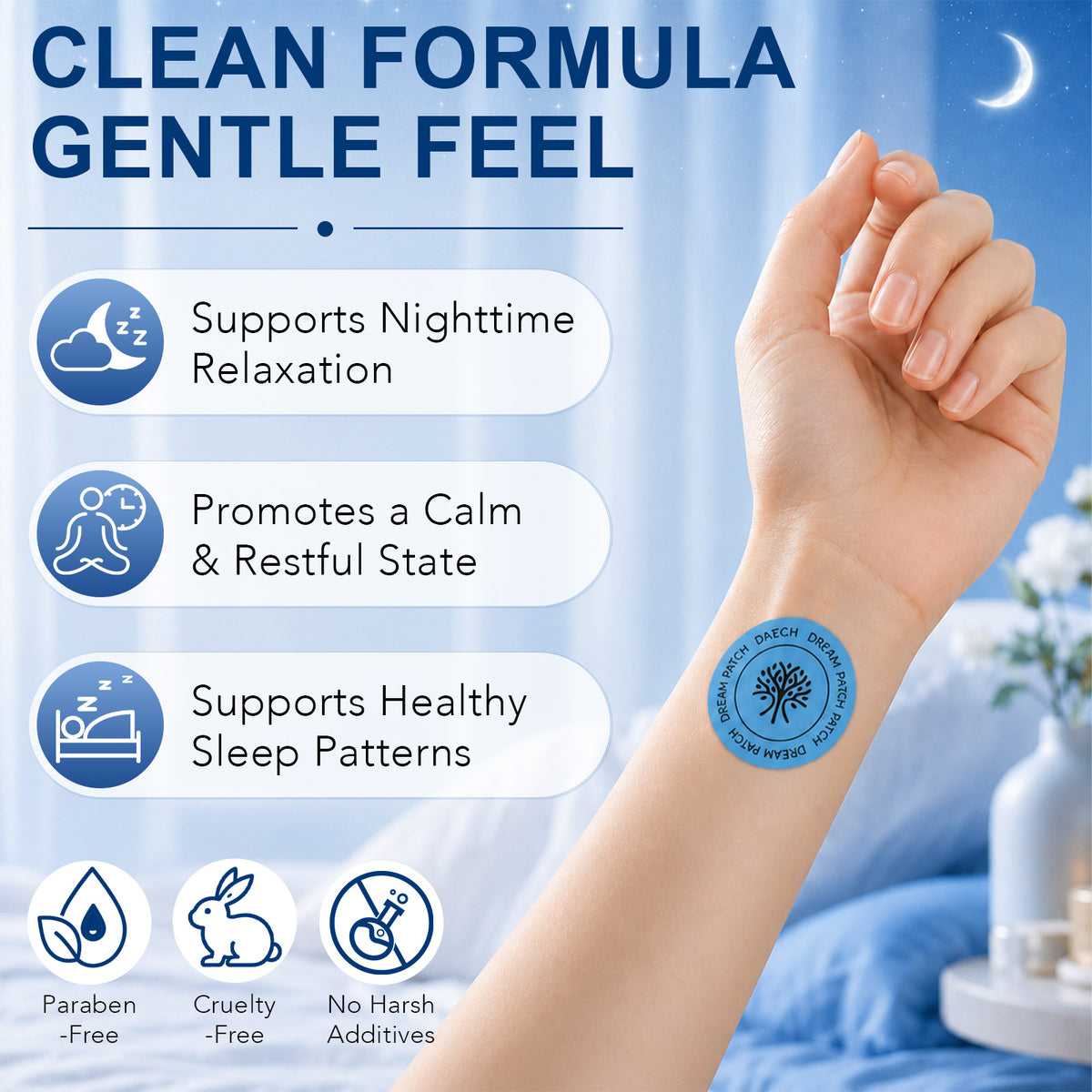 Dream Patches graphic listing nighttime relaxation and healthy sleep pattern support claims