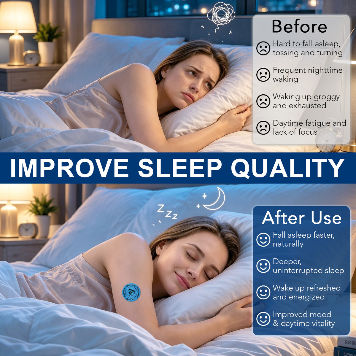 Dream Patches sleep quality before and after lifestyle graphic