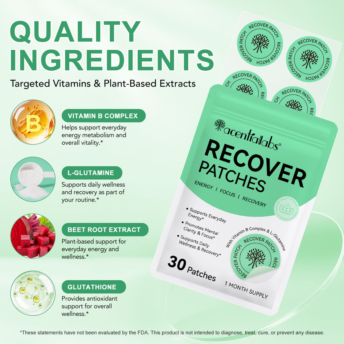Acentialabs Recover Patches pouch with patch sheets and ingredient highlights