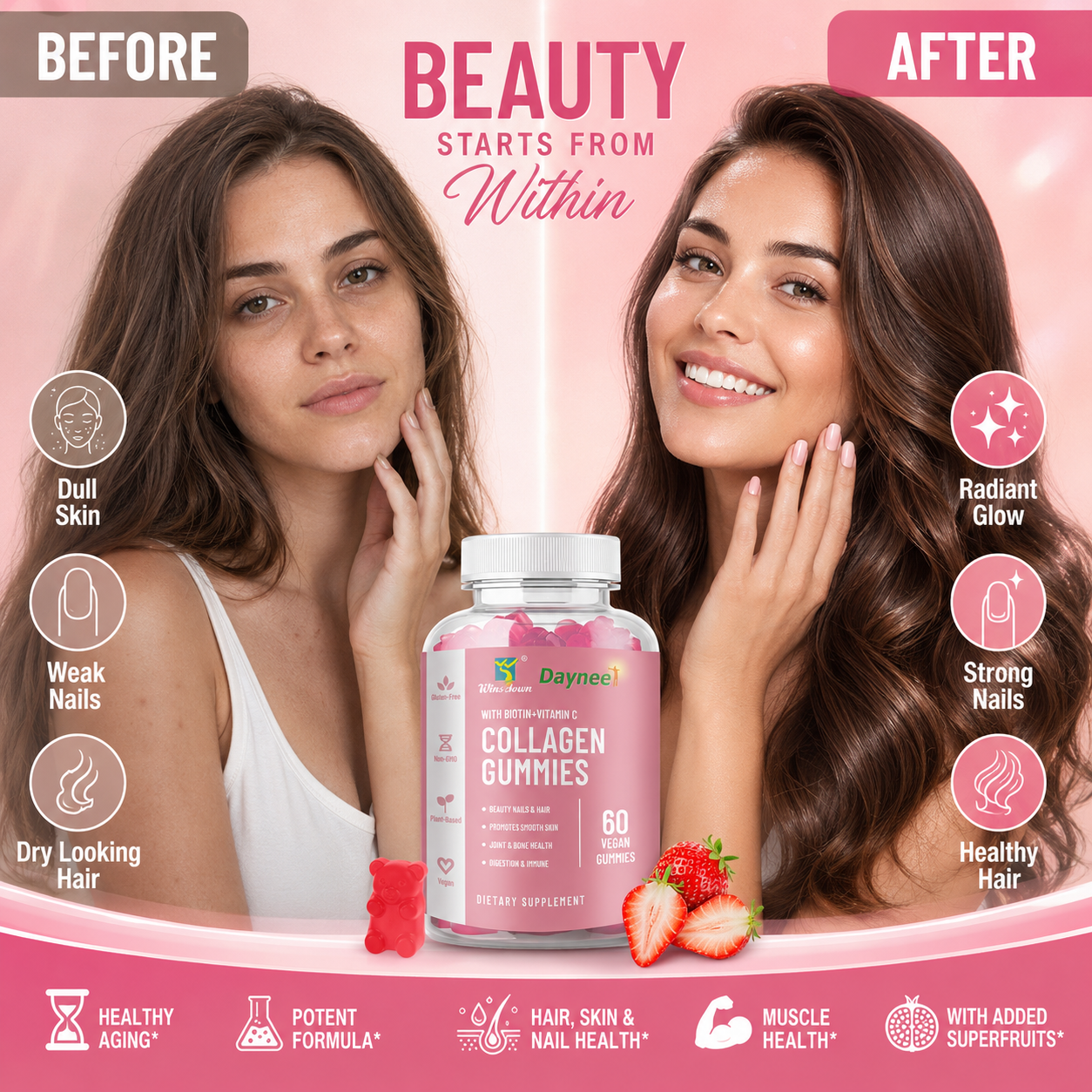 Daynee Collagen Gummies with Biotin + Vitamin C – 60 Vegan Strawberry Gummies for Skin, Hair & Nails