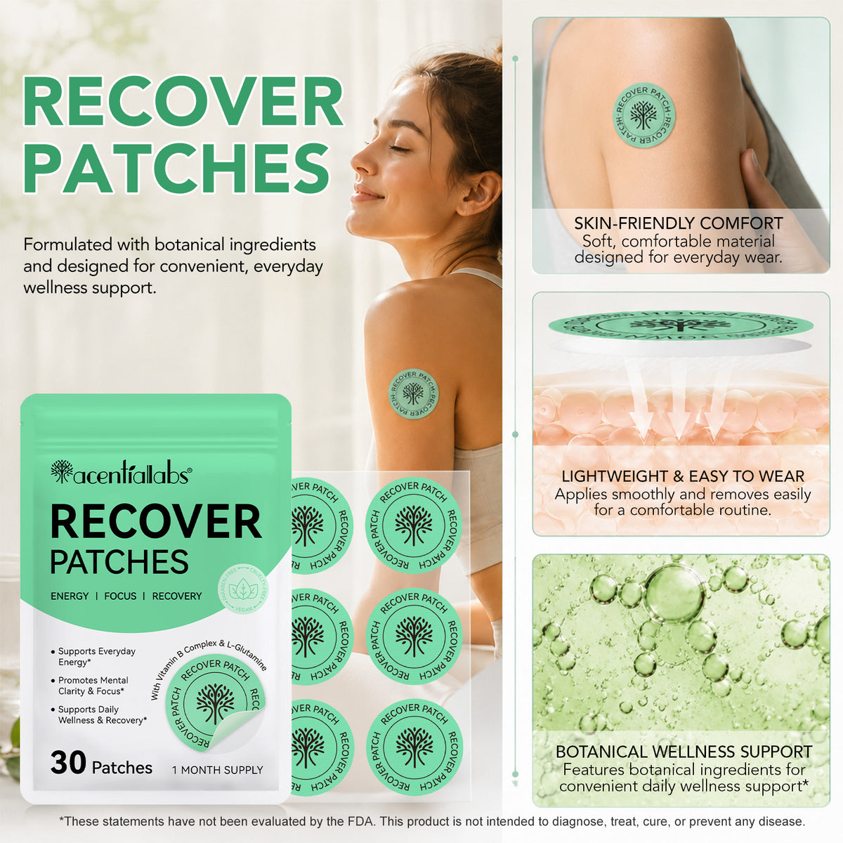 Recover patches pouch with application and product feature infographic