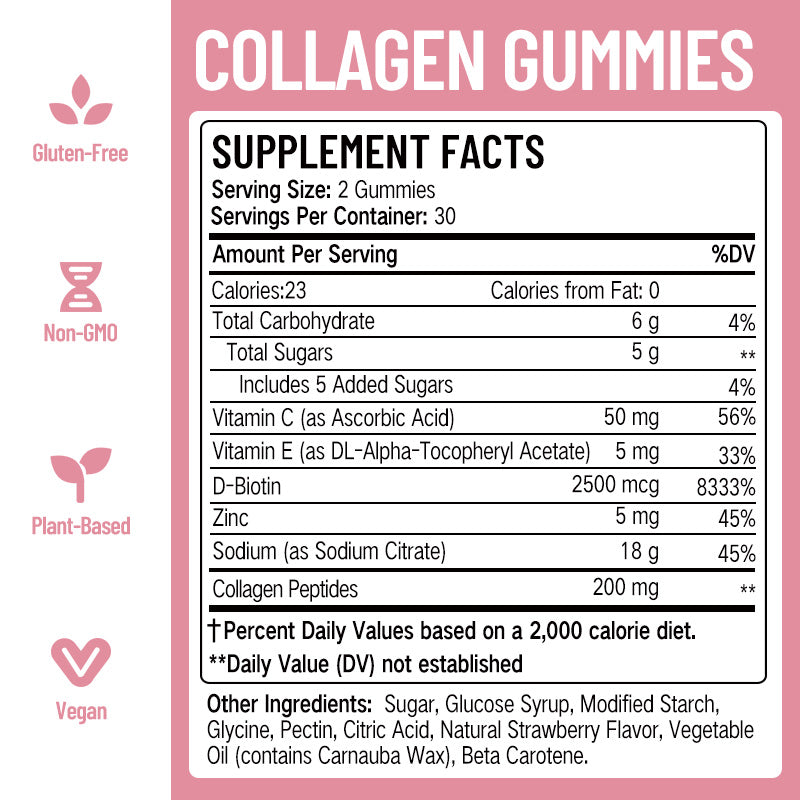 Daynee Collagen Gummies with Biotin + Vitamin C – 60 Vegan Strawberry Gummies for Skin, Hair & Nails