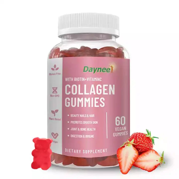 Daynee Collagen Gummies with Biotin + Vitamin C – 60 Vegan Strawberry Gummies for Skin, Hair & Nails