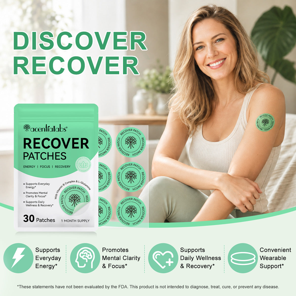Acentialabs Recover Patches pouch and lifestyle image showing patch application