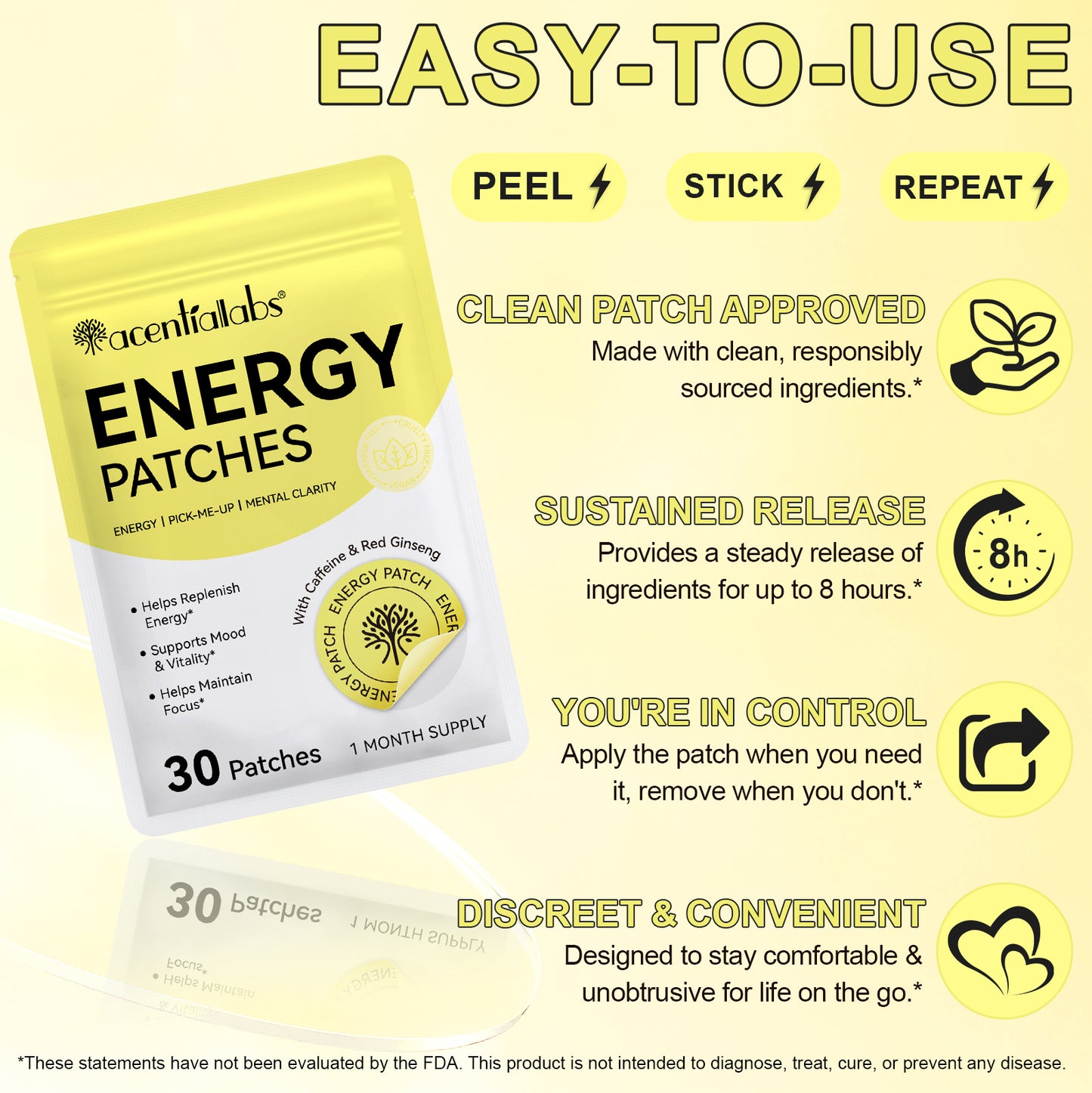 Energy & Focus Support Patches with Caffeine, B Vitamins and Herbal Extracts – 30 Pack