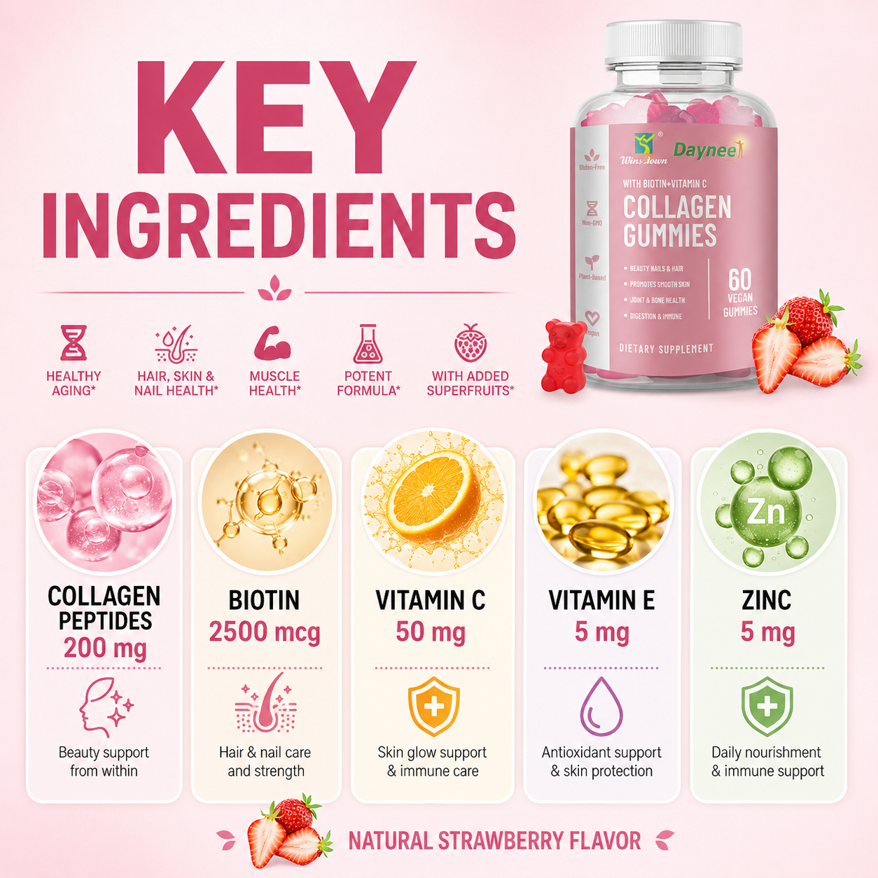 Daynee Collagen Gummies with Biotin + Vitamin C – 60 Vegan Strawberry Gummies for Skin, Hair & Nails