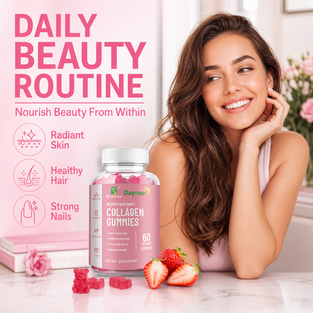 Daynee Collagen Gummies with Biotin + Vitamin C – 60 Vegan Strawberry Gummies for Skin, Hair & Nails