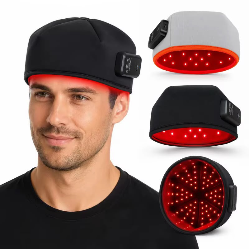 Man wearing black wireless red light therapy cap with product views