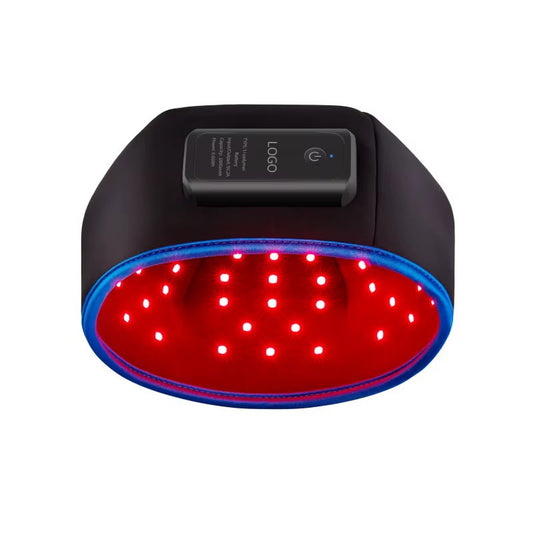 Black wireless light therapy cap with illuminated red LED interior