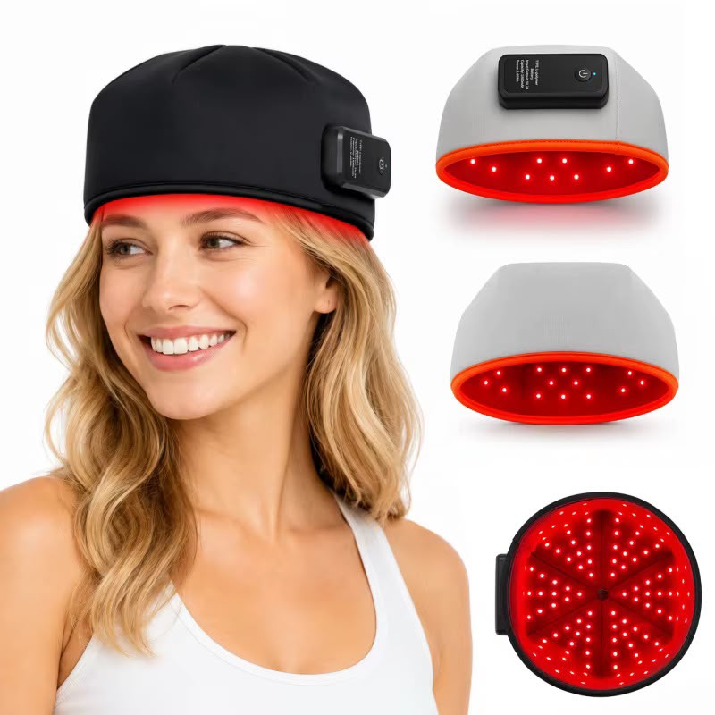 Woman with black rechargeable light therapy cap and illuminated LED views