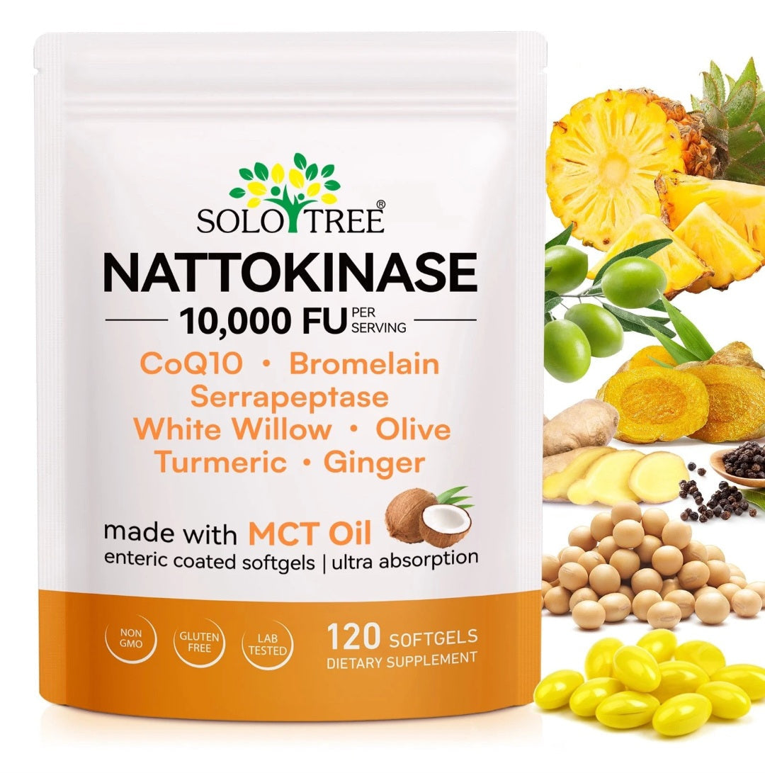 SOLOTREE Nattokinase 10,000 FU 120-softgel pouch with ingredient illustrations