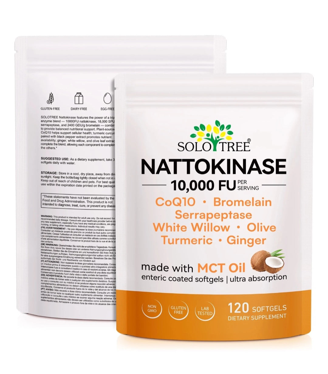 Front and back views of SOLOTREE Nattokinase 120-softgel packaging