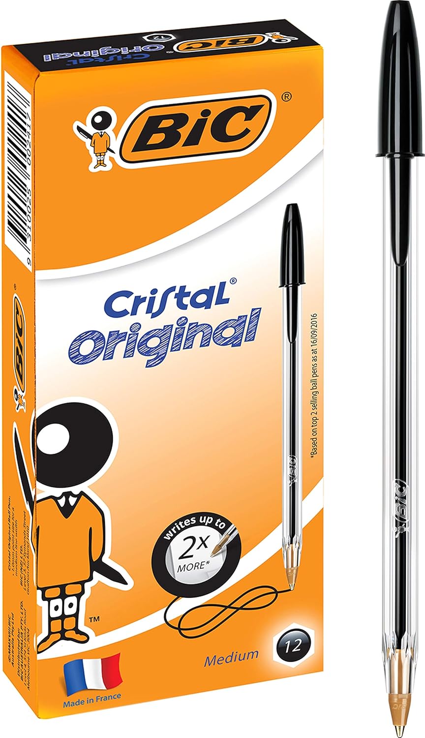 BIC Cristal Original Ballpoint Pens - Medium, Black, Box of 12