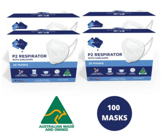 P2 Face Masks | Australian Made | PPETECH Level 2 | Ear-loop - White | 4 x Ply (4Boxes/100masks)