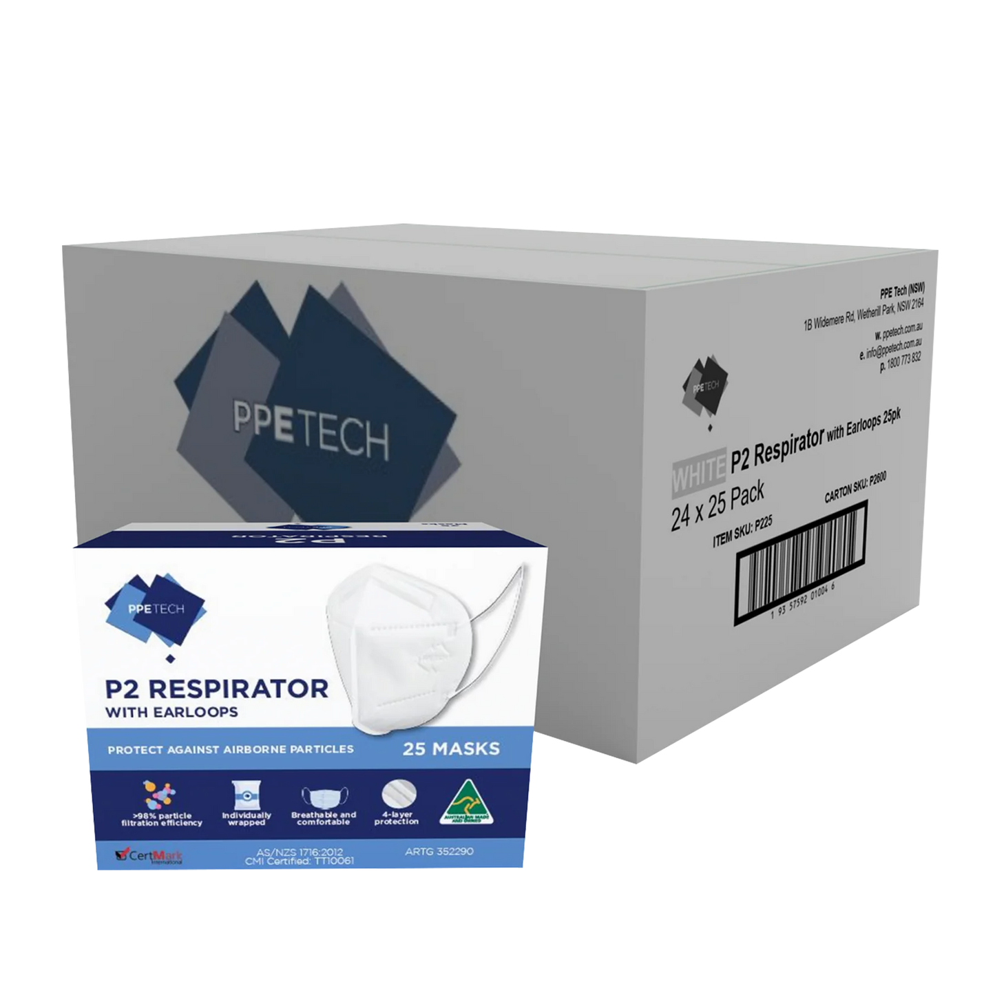 P2 Face Masks | Australian made | PPETech Level 2 | Ear Loop - White | 4 x ply (1Carton/600masks)