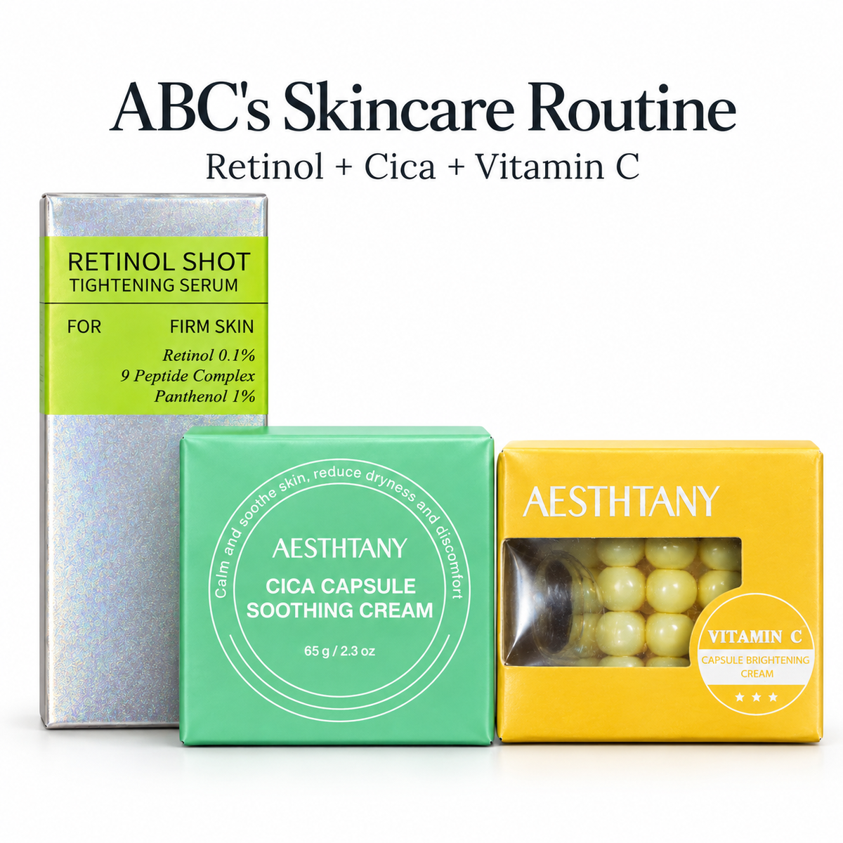 ABC's Skincare Routine bundle with Retinol Shot serum, AESTHTANY Cica cream and Vitamin C cream
