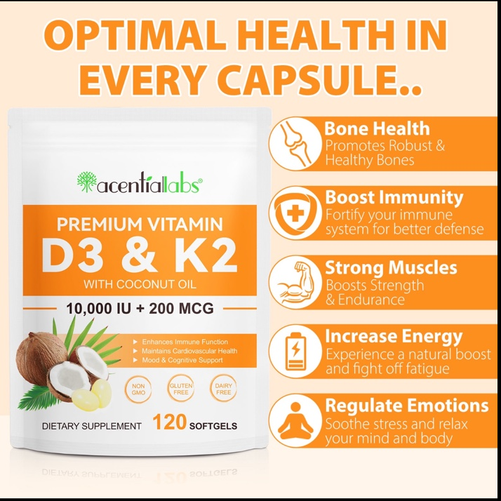 Acential Labs Vitamin D3 and K2 10,000 IU plus 200 mcg benefits infographic