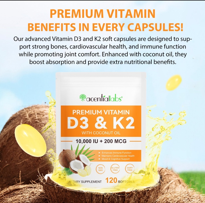 Acential Labs Vitamin D3 and K2 coconut oil softgels product benefits graphic