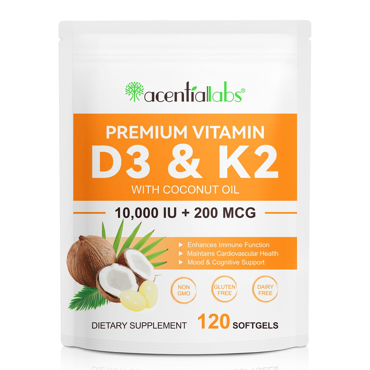 Acential Labs Premium Vitamin D3 and K2 10,000 IU plus 200 mcg 120 softgels product image