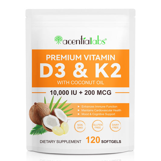 Acential Labs Premium Vitamin D3 and K2 10,000 IU plus 200 mcg 120 softgels product image