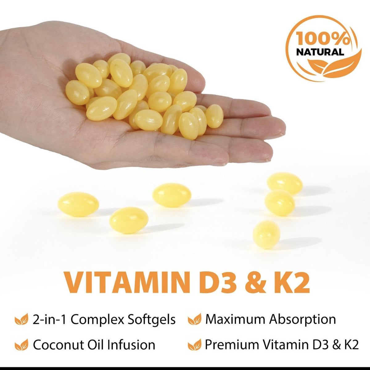 Acential Labs Vitamin D3 and K2 yellow softgels with coconut oil product graphic