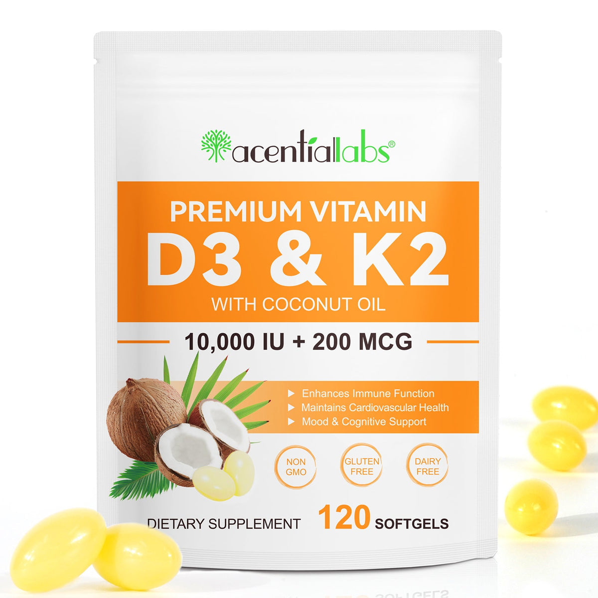 Acential Labs Vitamin D3 and K2 120 softgels pouch with yellow softgels